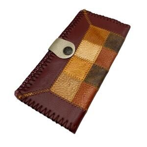 Leather Patchwork Multi Color Womens Wallet Fall Orange Red Snap Closure